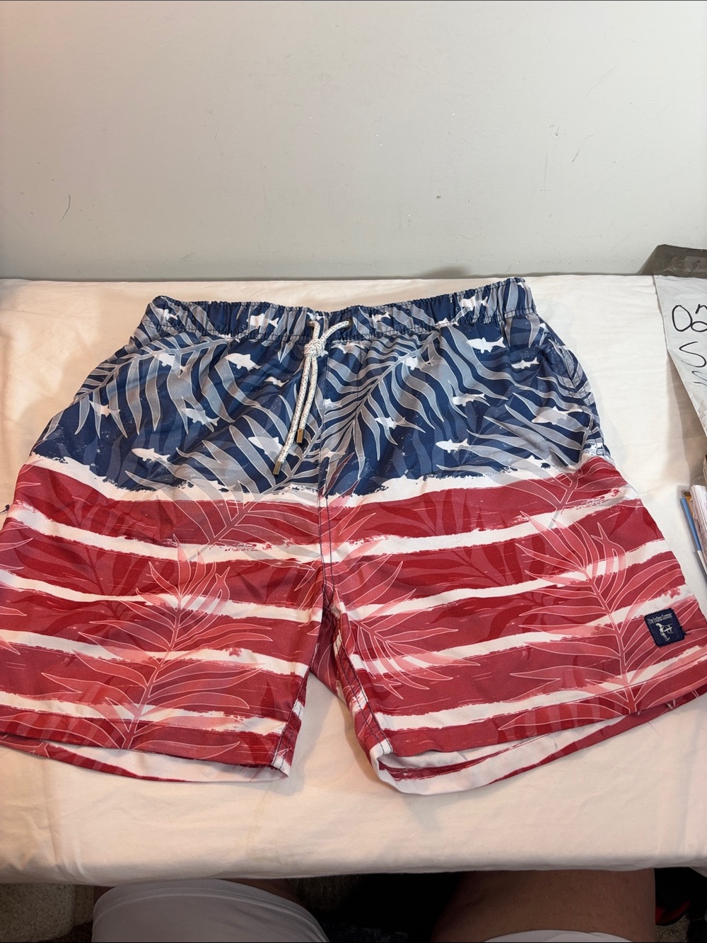 Men's Blue & Red Tropical Stripe Swim Trunks - Unknown Brand. 0218